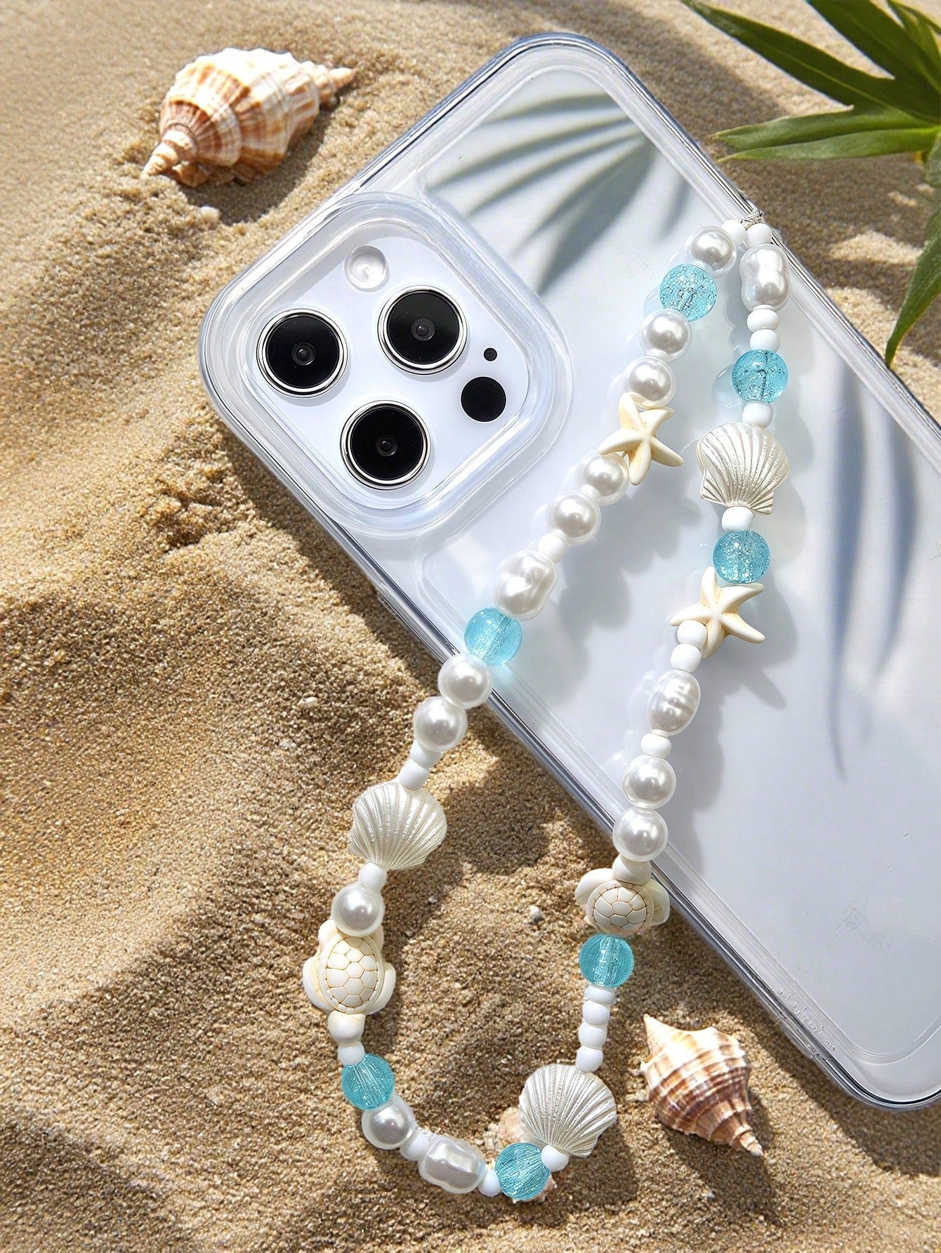 White Ocean Elements 1pc Summer Beach Style Phone Lanyard Handmade White Faux Pearl Starfish Turtle Beaded Phone Strap Suitable For Daily Wear As Phone Accessory Spring Gift Party