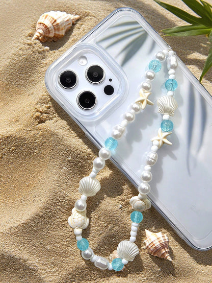 White Ocean Elements 1pc Summer Beach Style Phone Lanyard Handmade White Faux Pearl Starfish Turtle Beaded Phone Strap Suitable For Daily Wear As Phone Accessory Spring Gift Party