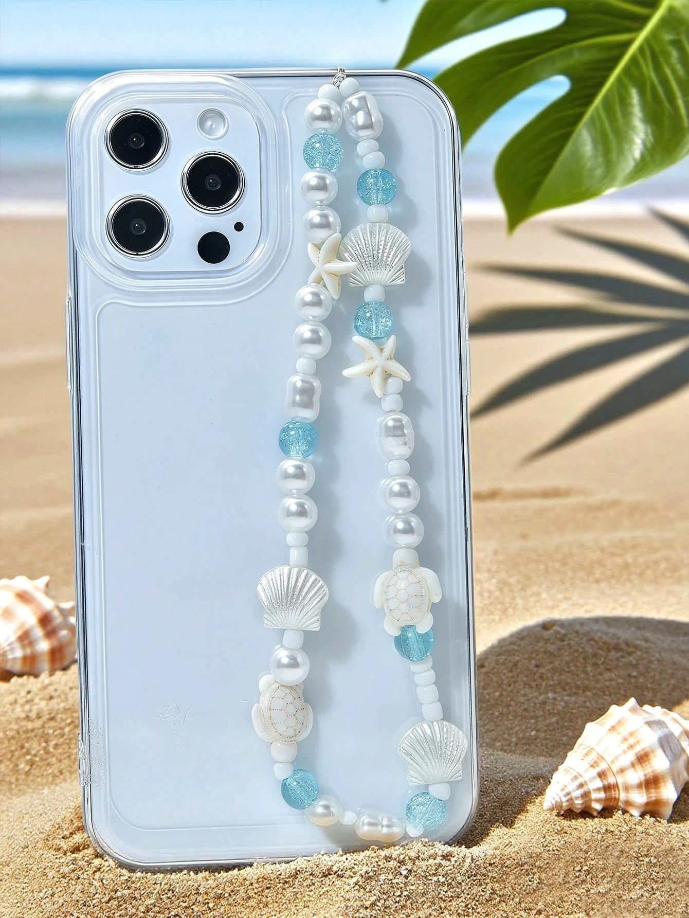 White Ocean Elements 1pc Summer Beach Style Phone Lanyard Handmade White Faux Pearl Starfish Turtle Beaded Phone Strap Suitable For Daily Wear As Phone Accessory Spring Gift Party