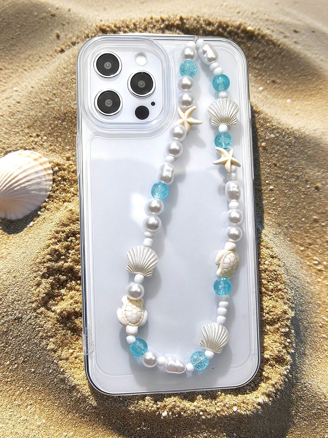 White Ocean Elements 1pc Summer Beach Style Phone Lanyard Handmade White Faux Pearl Starfish Turtle Beaded Phone Strap Suitable For Daily Wear As Phone Accessory Spring Gift Party