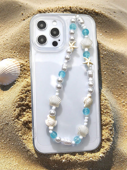 White Ocean Elements 1pc Summer Beach Style Phone Lanyard Handmade White Faux Pearl Starfish Turtle Beaded Phone Strap Suitable For Daily Wear As Phone Accessory Spring Gift Party
