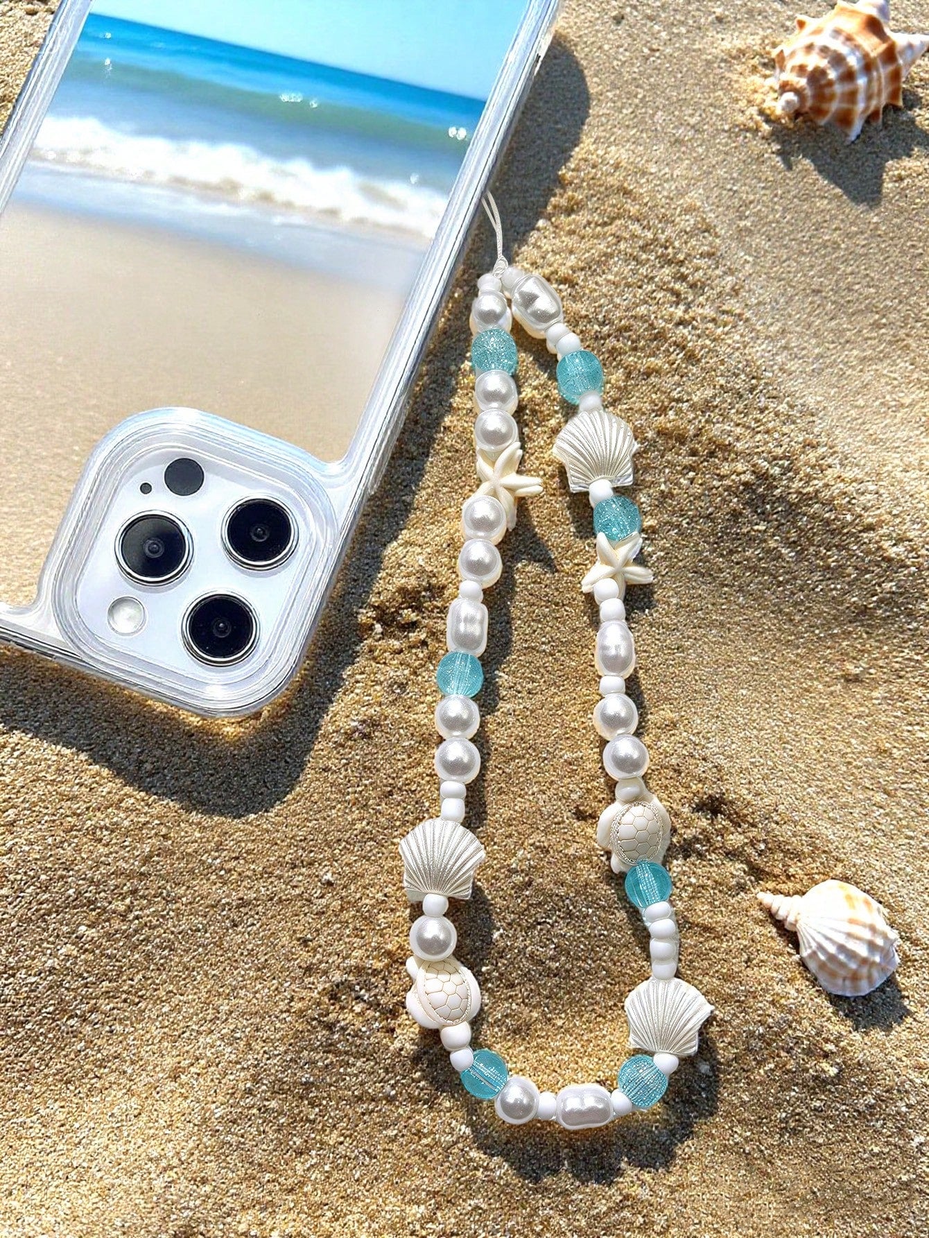 White Ocean Elements 1pc Summer Beach Style Phone Lanyard Handmade White Faux Pearl Starfish Turtle Beaded Phone Strap Suitable For Daily Wear As Phone Accessory Spring Gift Party