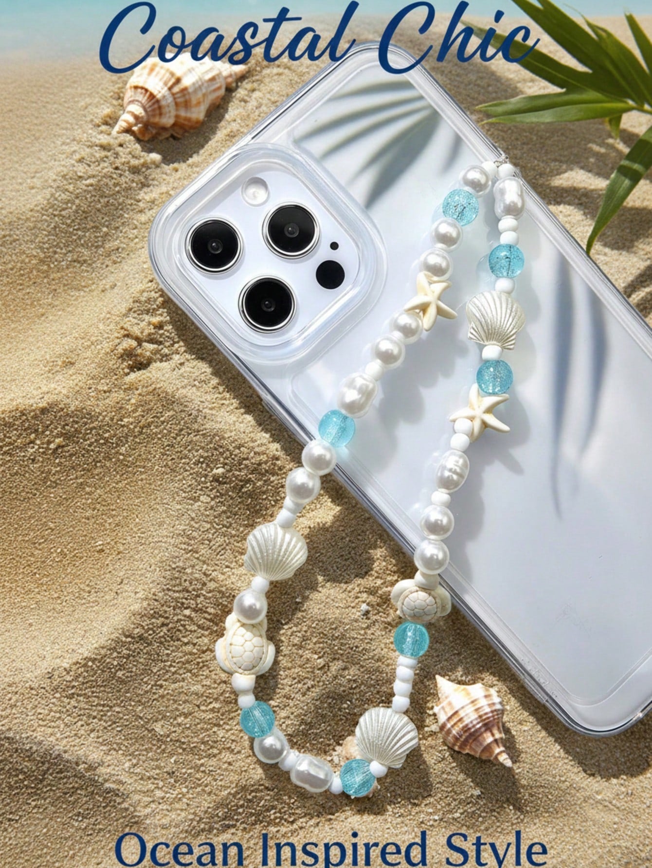 White Ocean Elements 1pc Summer Beach Style Phone Lanyard Handmade White Faux Pearl Starfish Turtle Beaded Phone Strap Suitable For Daily Wear As Phone Accessory Spring Gift Party