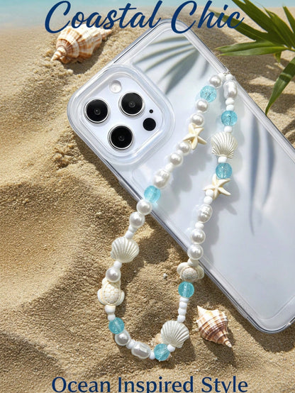 White Ocean Elements 1pc Summer Beach Style Phone Lanyard Handmade White Faux Pearl Starfish Turtle Beaded Phone Strap Suitable For Daily Wear As Phone Accessory Spring Gift Party