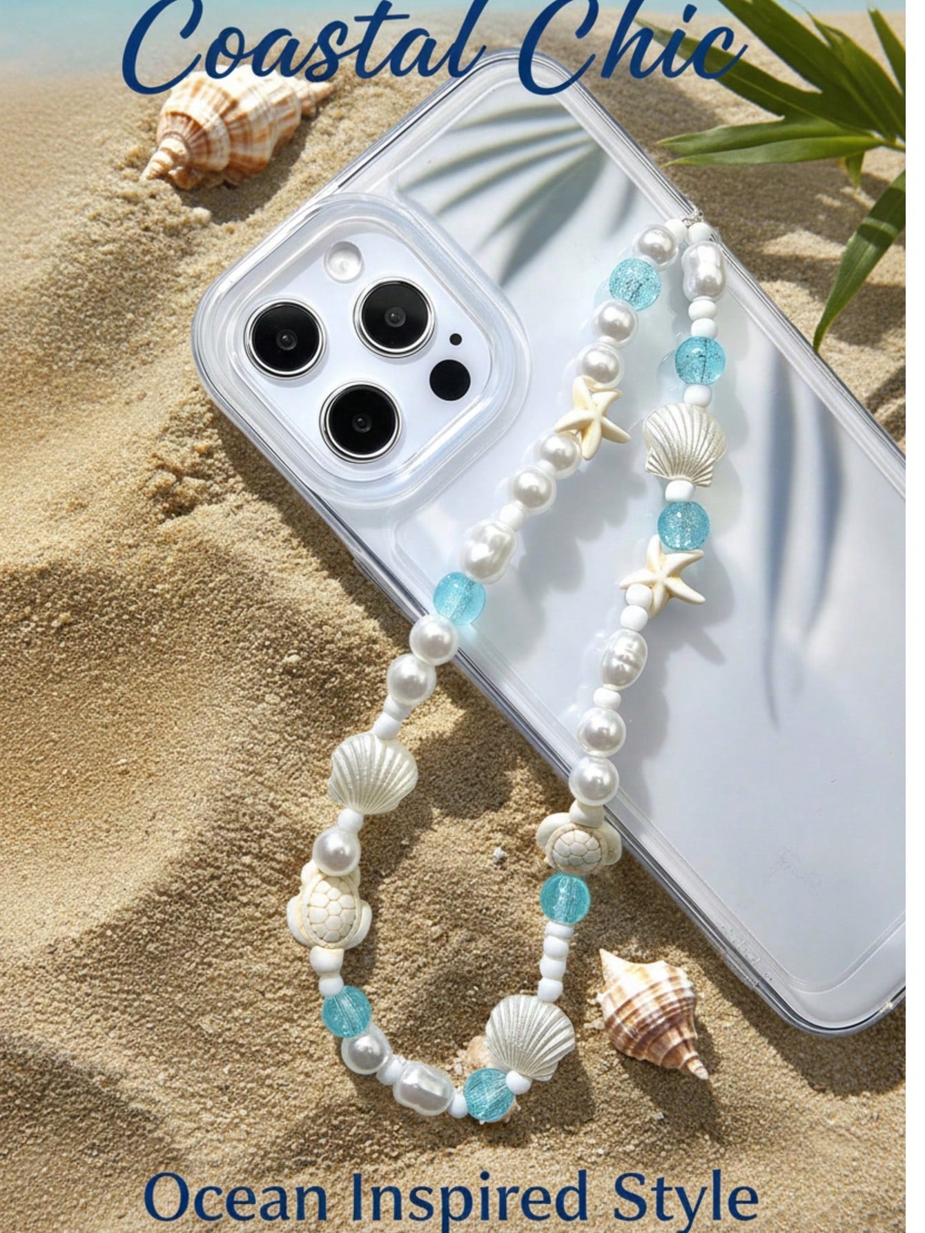 White Ocean Elements 1pc Summer Beach Style Phone Lanyard Handmade White Faux Pearl Starfish Turtle Beaded Phone Strap Suitable For Daily Wear As Phone Accessory Spring Gift Party
