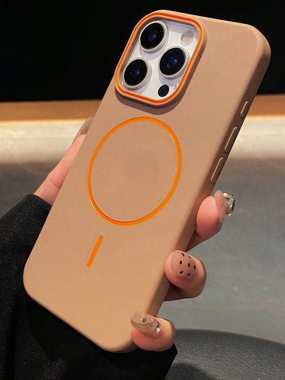 White Orange Accent Ring Magnetic Silicone Minimalist Magnetic Silicone 1pc Matte Skin-Friendly Wireless Charging Magnetic Phone Case, Compatible With IPhone 17 Air 16 15 14 13 12 Pro Max Plus, Soft S