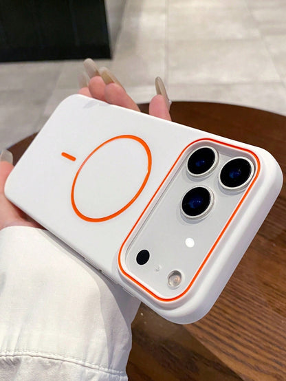 White Orange Accent Ring Magnetic Silicone Minimalist Magnetic Silicone 1pc Matte Skin-Friendly Wireless Charging Magnetic Phone Case, Compatible With IPhone 17 Air 16 15 14 13 12 Pro Max Plus, Soft S