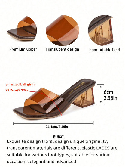 Wide Fit Brown Elegant Square Toe Strap Crystal Heel Sandals For Women, Summer Fashion Outdoor Non-Slip Thick Heel Slide Sandals Suitable For Wide Feet