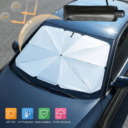 Windshield Sun Shade Umbrella, Foldable Car Umbrella Sunshade With UV Block Heat Insulation Car Front Window For Auto Windshield Covers Blackout Trucks Cars (Large Size)