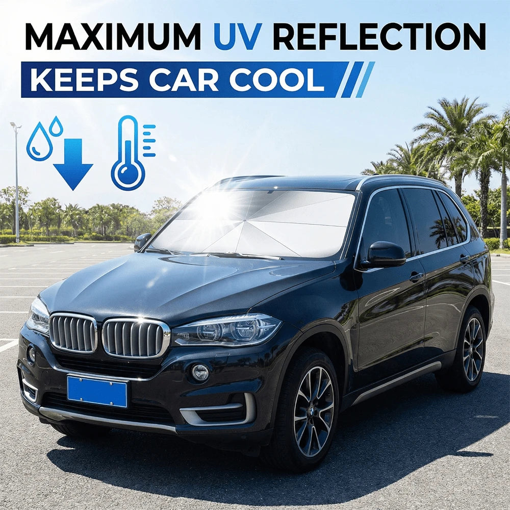 Windshield Sun Shade Umbrella, Foldable Car Umbrella Sunshade With UV Block Heat Insulation Car Front Window For Auto Windshield Covers Blackout Trucks Cars (Large Size)