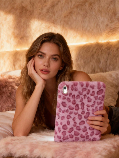 Winter Leopard Print Fluffy IPad Protective Case With Stylus Holder- Fits IPad 10th/11th Gen, New A16 Model (2022/2025), IPad Air 11/Pro 11 & 7th/8th/9th Gen| Cute Girly And Stylish Design, Tablet D