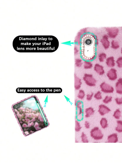 Winter Leopard Print Fluffy IPad Protective Case With Stylus Holder- Fits IPad 10th/11th Gen, New A16 Model (2022/2025), IPad Air 11/Pro 11 & 7th/8th/9th Gen| Cute Girly And Stylish Design, Tablet D