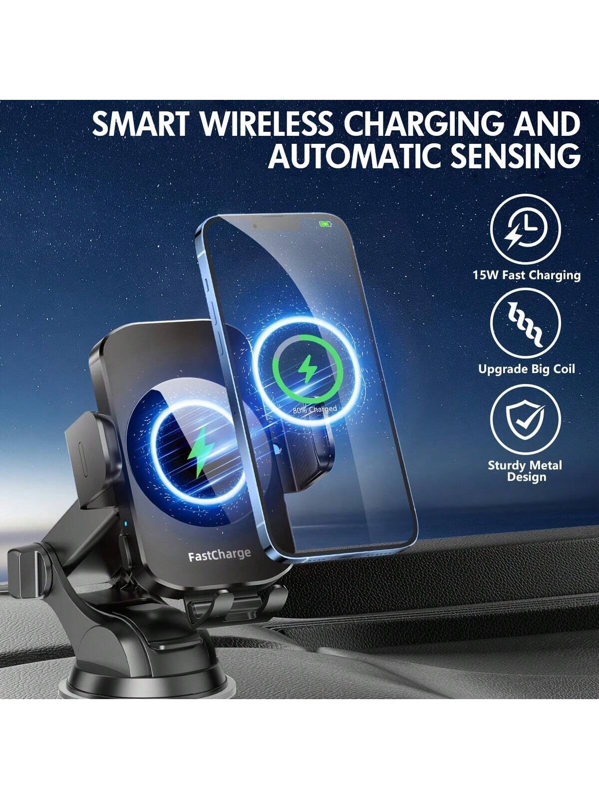 WLPower 15W Rapid Wireless Car Charger Mount- Automatic Sensing, 360 Degree Adjustable Phone Holder For Hands-Free Driving- Universal Fit For IPhone 15, 14, 13, 12, 11 Pro Max, Xs, Galaxy S24 Ultra