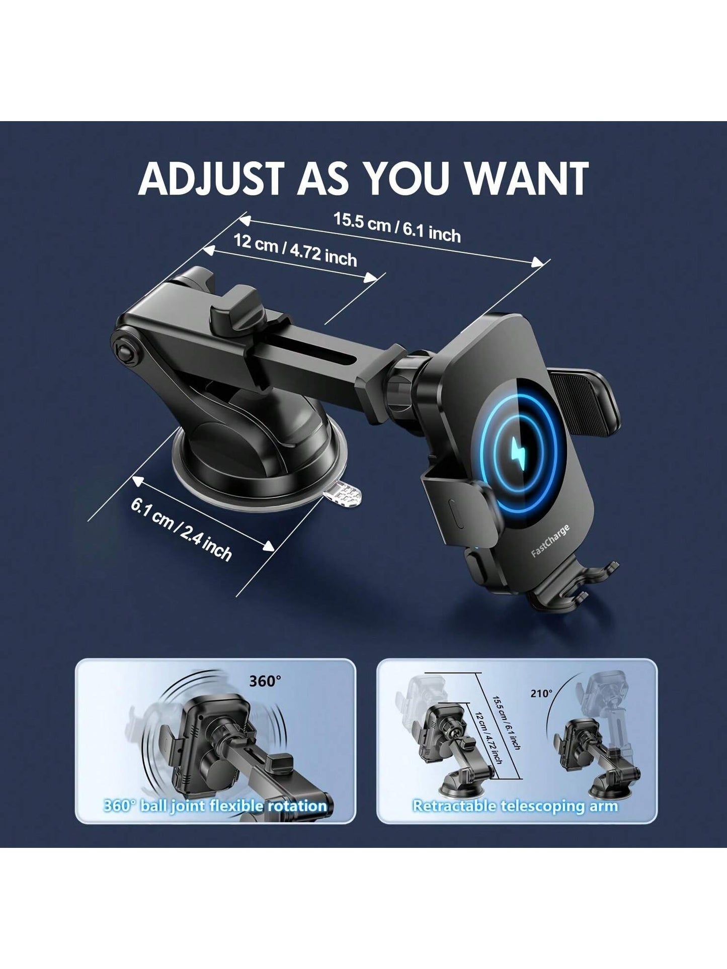 WLPower 15W Rapid Wireless Car Charger Mount- Automatic Sensing, 360 Degree Adjustable Phone Holder For Hands-Free Driving- Universal Fit For IPhone 15, 14, 13, 12, 11 Pro Max, Xs, Galaxy S24 Ultra