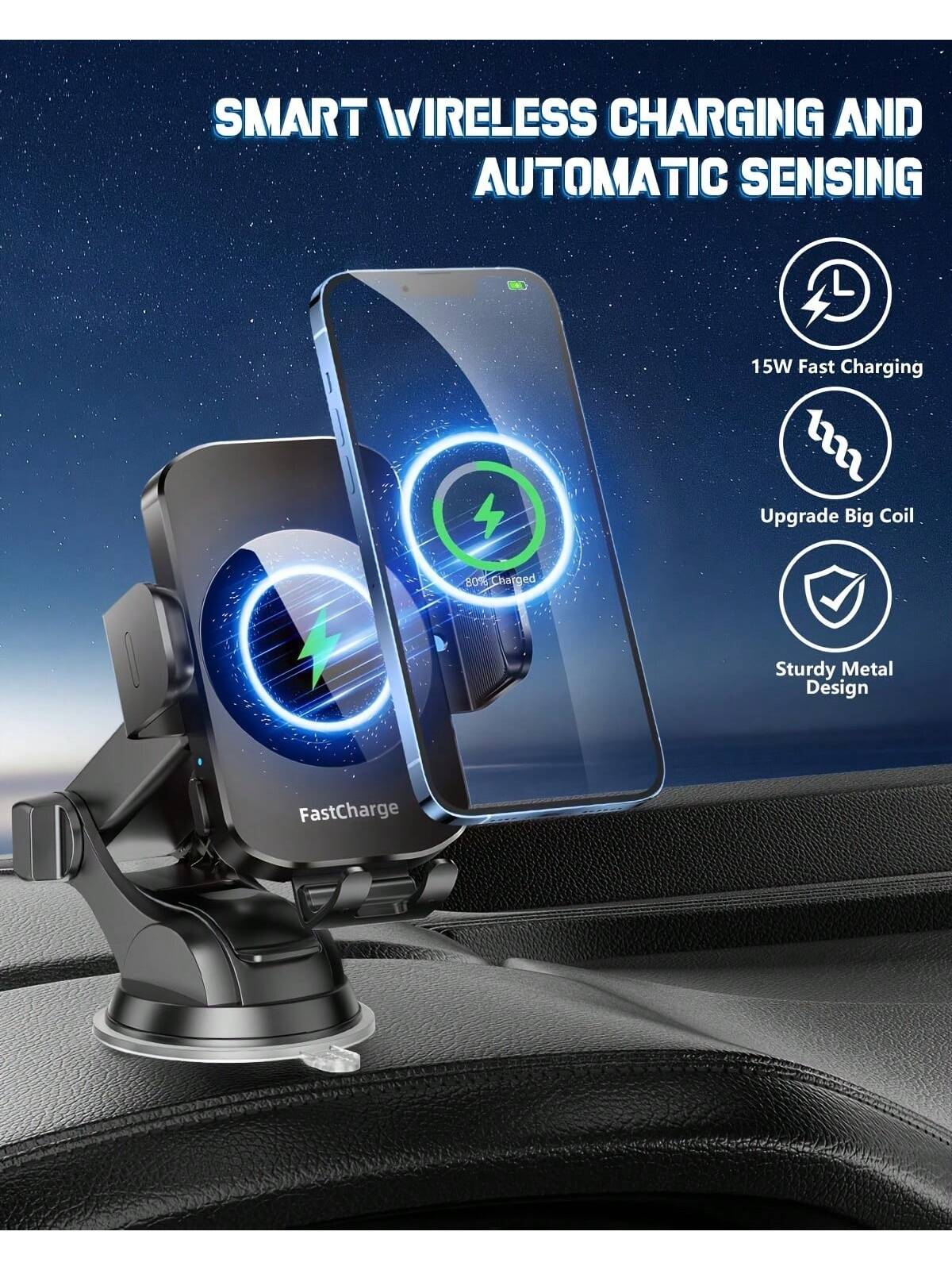 WLPower 15W Rapid Wireless Car Charger Mount- Automatic Sensing, 360 Degree Adjustable Phone Holder For Hands-Free Driving- Universal Fit For IPhone 15, 14, 13, 12, 11 Pro Max, Xs, Galaxy S24 Ultra