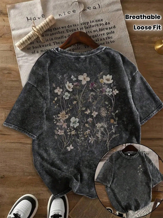 Women 230g Heavyweight Washed Cotton T-Shirt, Vintage Wild Floral Double-Sided Print Oversized Round Neck Tee, Y2K Retro Loose Breathable Casual Daily