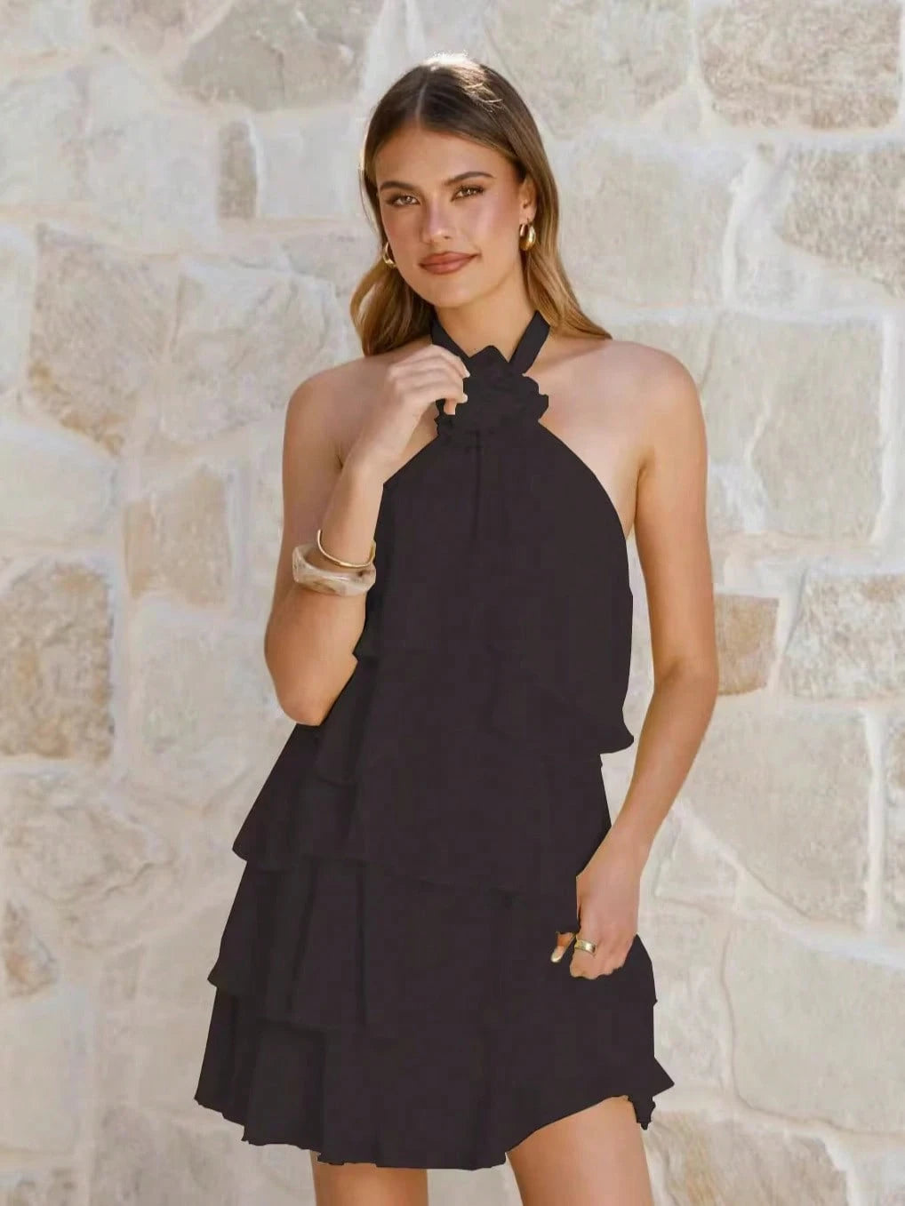 Women 6-Pcs Colors Halter Neck Tiered Ruffle Mini Dress With 3D Flower Detail Chiffon A-Line Casual Dress For Summer Party Bridal Shower Brunch Wear