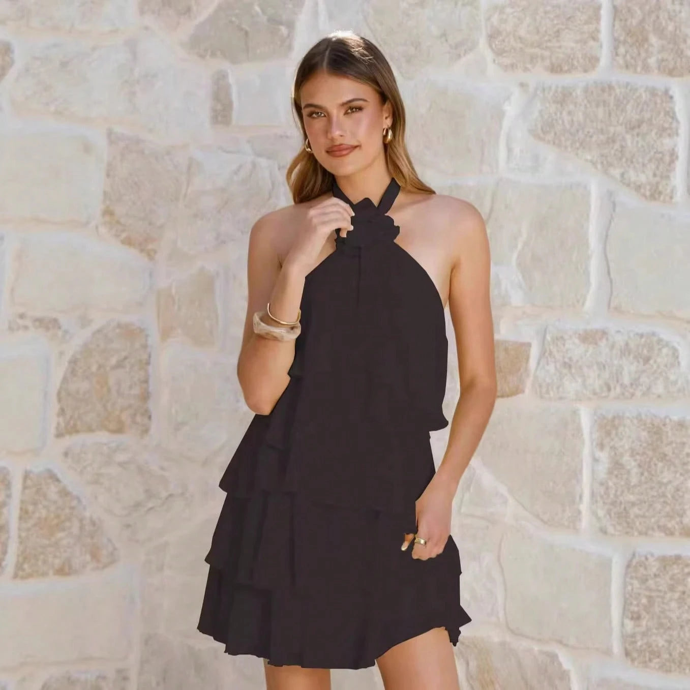 Women 6-Pcs Colors Halter Neck Tiered Ruffle Mini Dress With 3D Flower Detail Chiffon A-Line Casual Dress For Summer Party Bridal Shower Brunch Wear