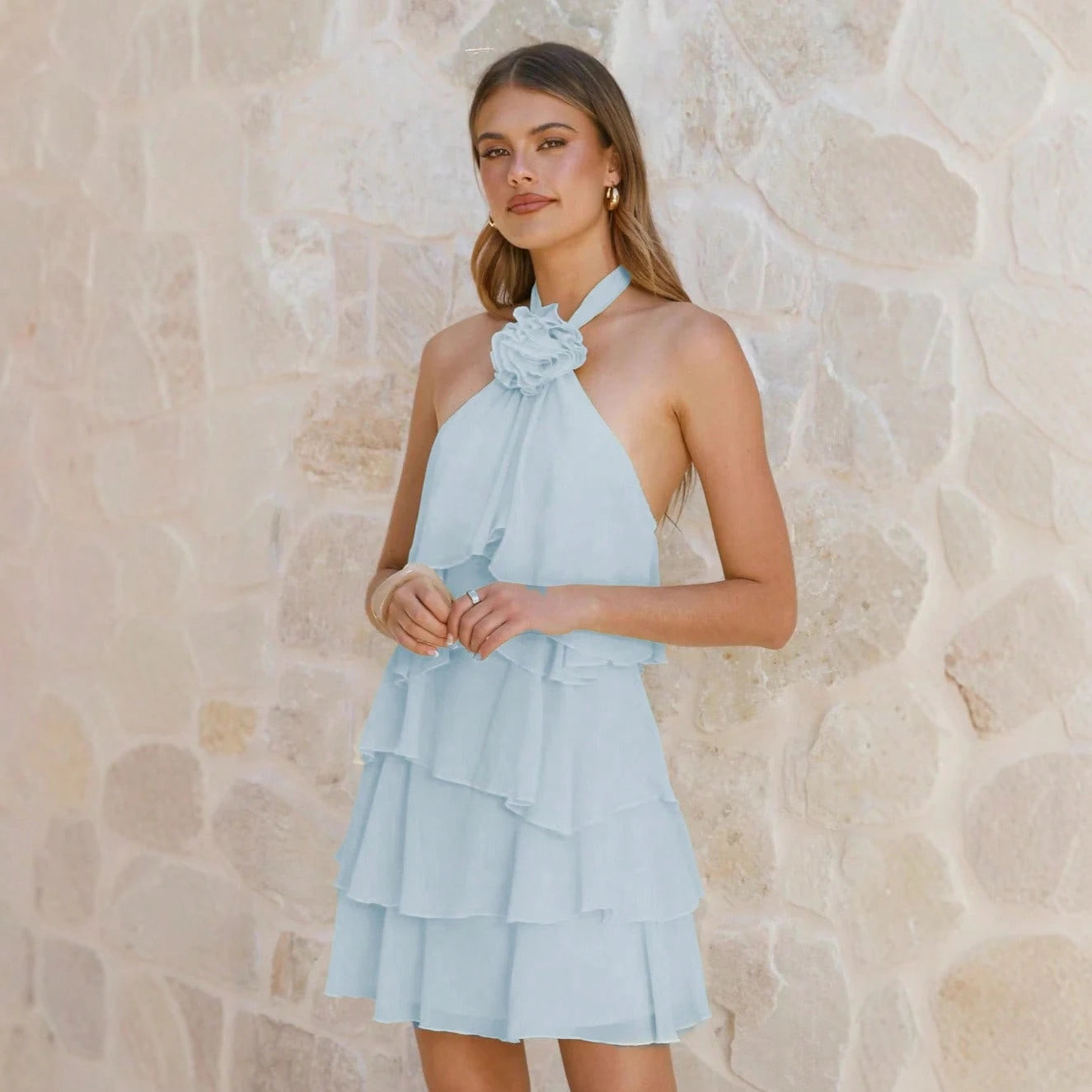 Women 6-Pcs Colors Halter Neck Tiered Ruffle Mini Dress With 3D Flower Detail Chiffon A-Line Casual Dress For Summer Party Bridal Shower Brunch Wear