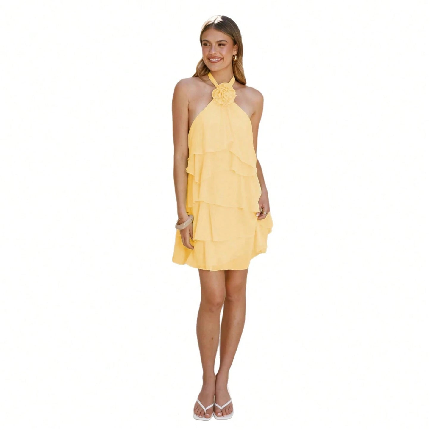 Women 6-Pcs Colors Halter Neck Tiered Ruffle Mini Dress With 3D Flower Detail Chiffon A-Line Casual Dress For Summer Party Bridal Shower Brunch Wear