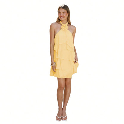 Women 6-Pcs Colors Halter Neck Tiered Ruffle Mini Dress With 3D Flower Detail Chiffon A-Line Casual Dress For Summer Party Bridal Shower Brunch Wear