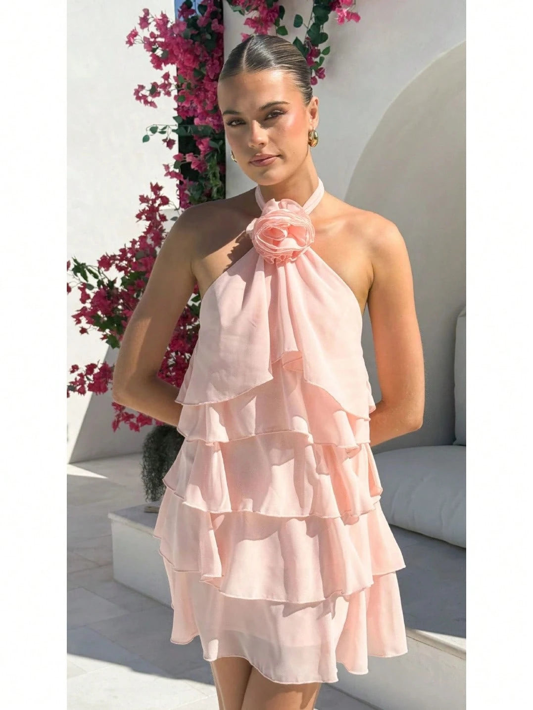 Women 6-Pcs Colors Halter Neck Tiered Ruffle Mini Dress With 3D Flower Detail Chiffon A-Line Casual Dress For Summer Party Bridal Shower Brunch Wear