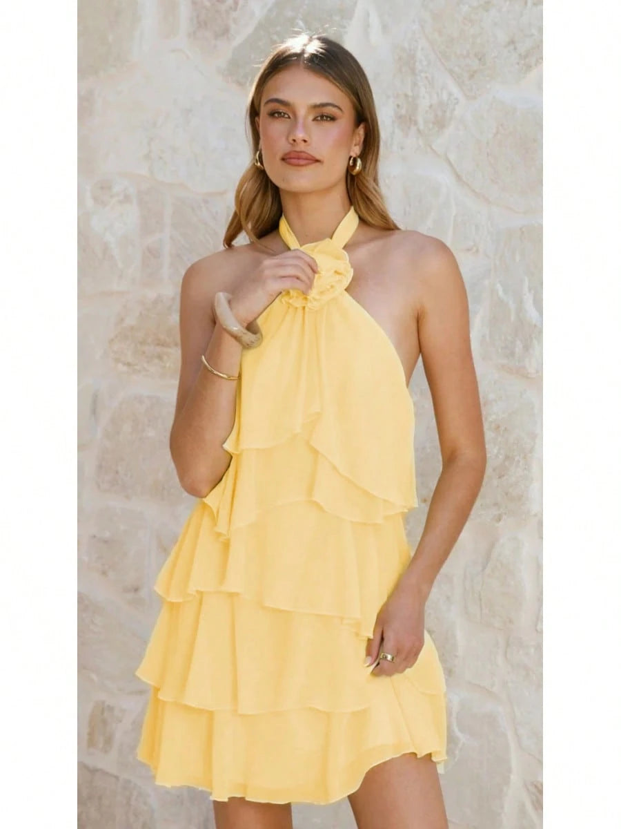 Women 6-Pcs Colors Halter Neck Tiered Ruffle Mini Dress With 3D Flower Detail Chiffon A-Line Casual Dress For Summer Party Bridal Shower Brunch Wear