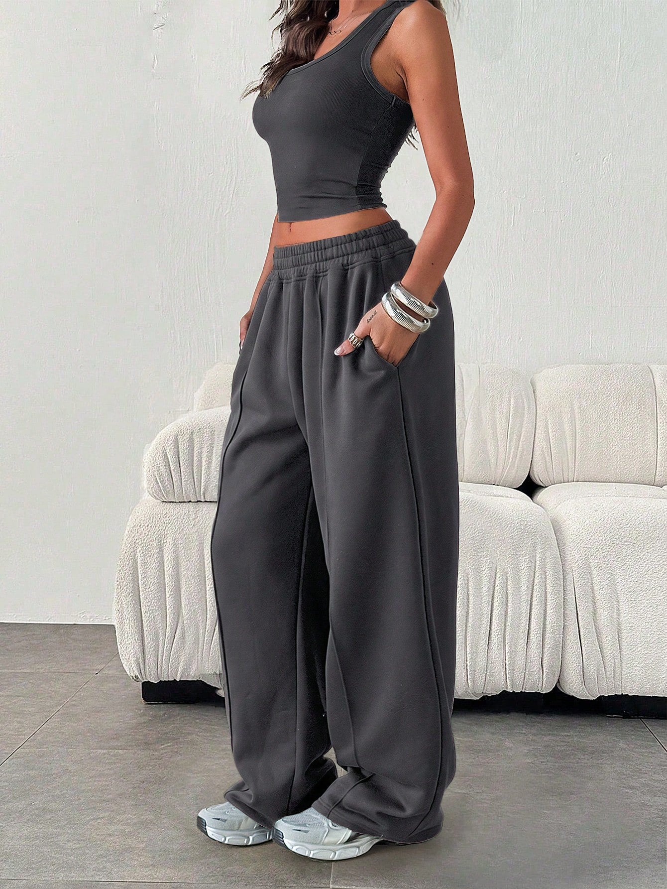 Women Casual Loose Solid Color Elastic Waist Sweatpants With Pockets Winter