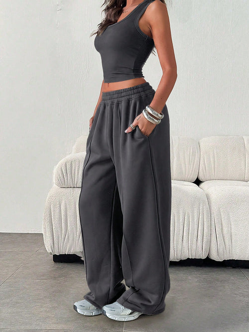 Women Casual Loose Solid Color Elastic Waist Sweatpants With Pockets Winter