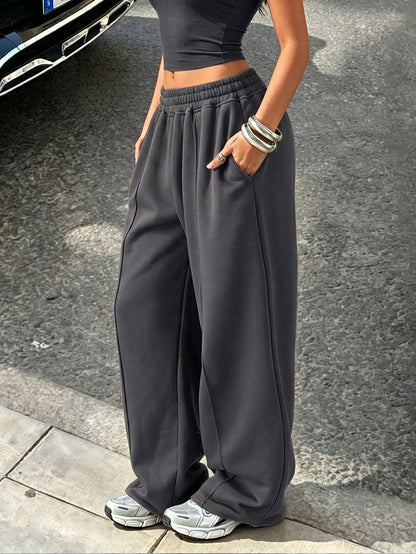 Women Casual Loose Solid Color Elastic Waist Sweatpants With Pockets Winter