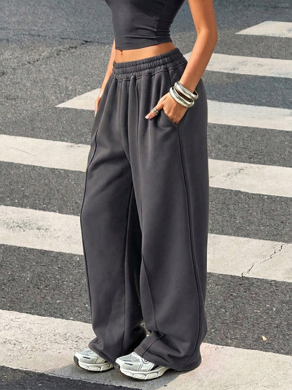Women Casual Loose Solid Color Elastic Waist Sweatpants With Pockets Winter