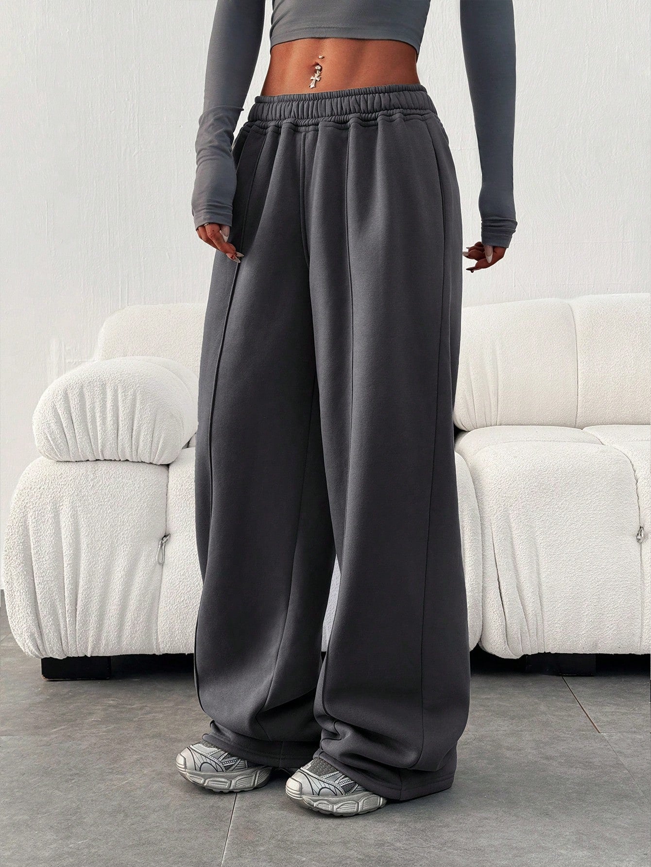 Women Casual Loose Solid Color Elastic Waist Sweatpants With Pockets Winter