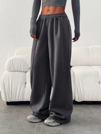 Women Casual Loose Solid Color Elastic Waist Sweatpants With Pockets Winter