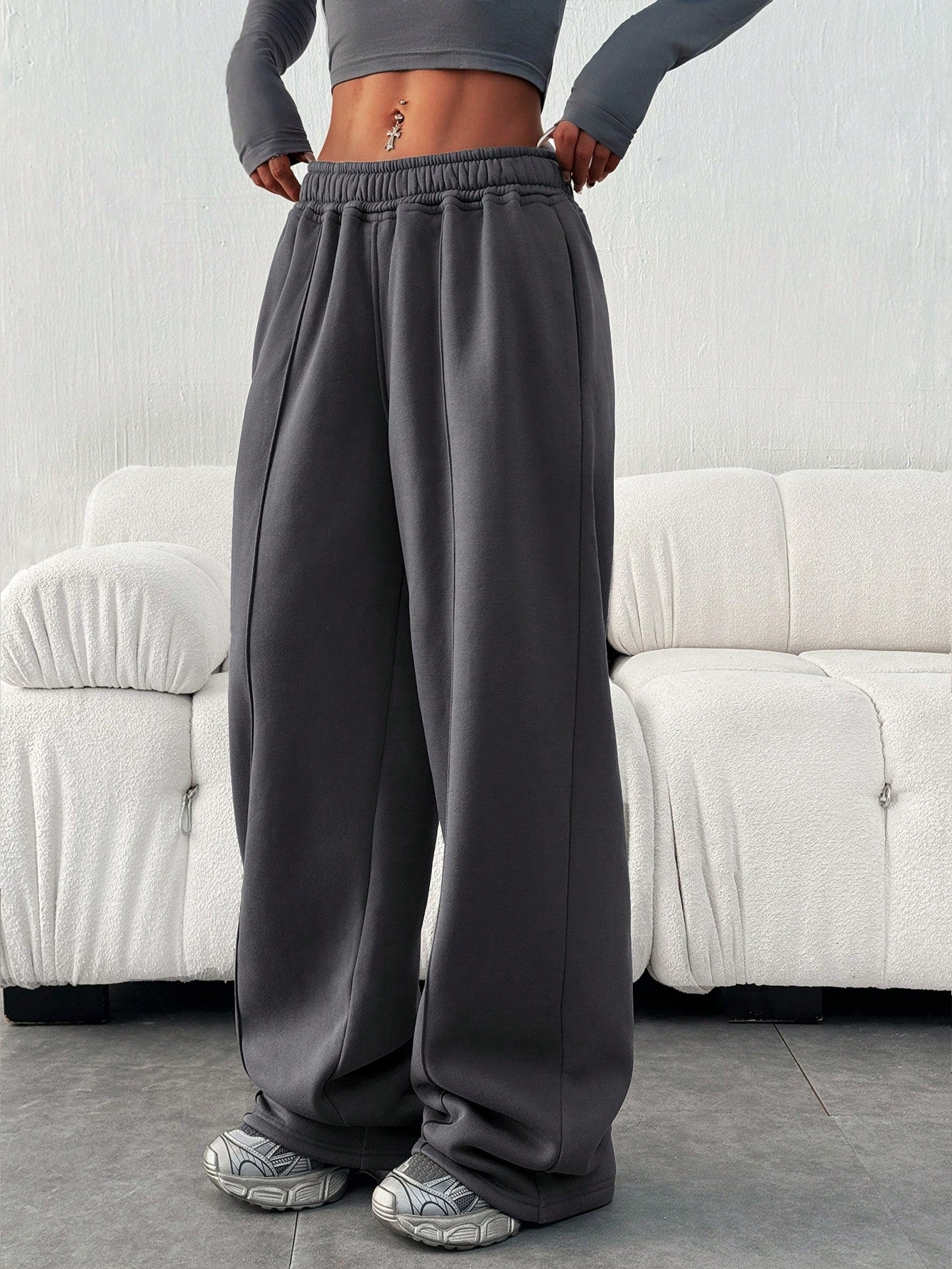 Women Casual Loose Solid Color Elastic Waist Sweatpants With Pockets Winter