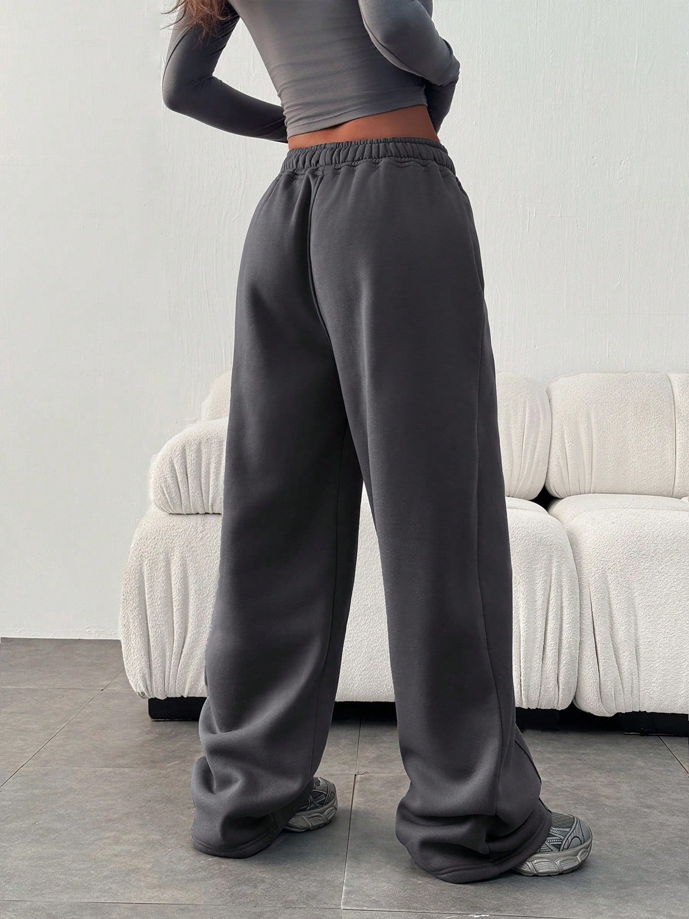 Women Casual Loose Solid Color Elastic Waist Sweatpants With Pockets Winter