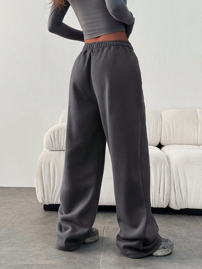 Women Casual Loose Solid Color Elastic Waist Sweatpants With Pockets Winter