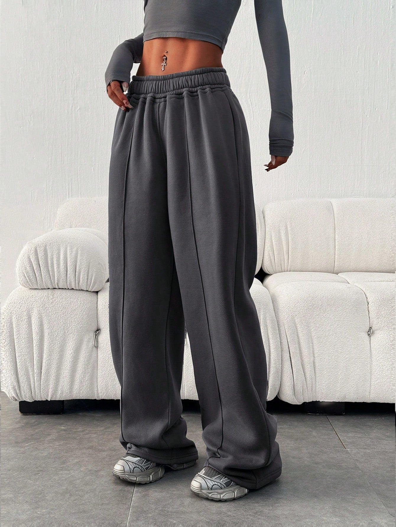 Women Casual Loose Solid Color Elastic Waist Sweatpants With Pockets Winter