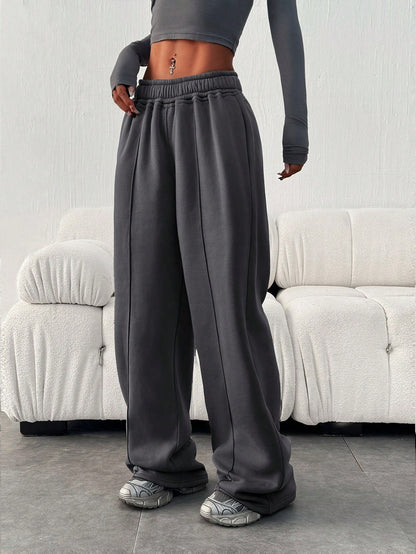 Women Casual Loose Solid Color Elastic Waist Sweatpants With Pockets Winter