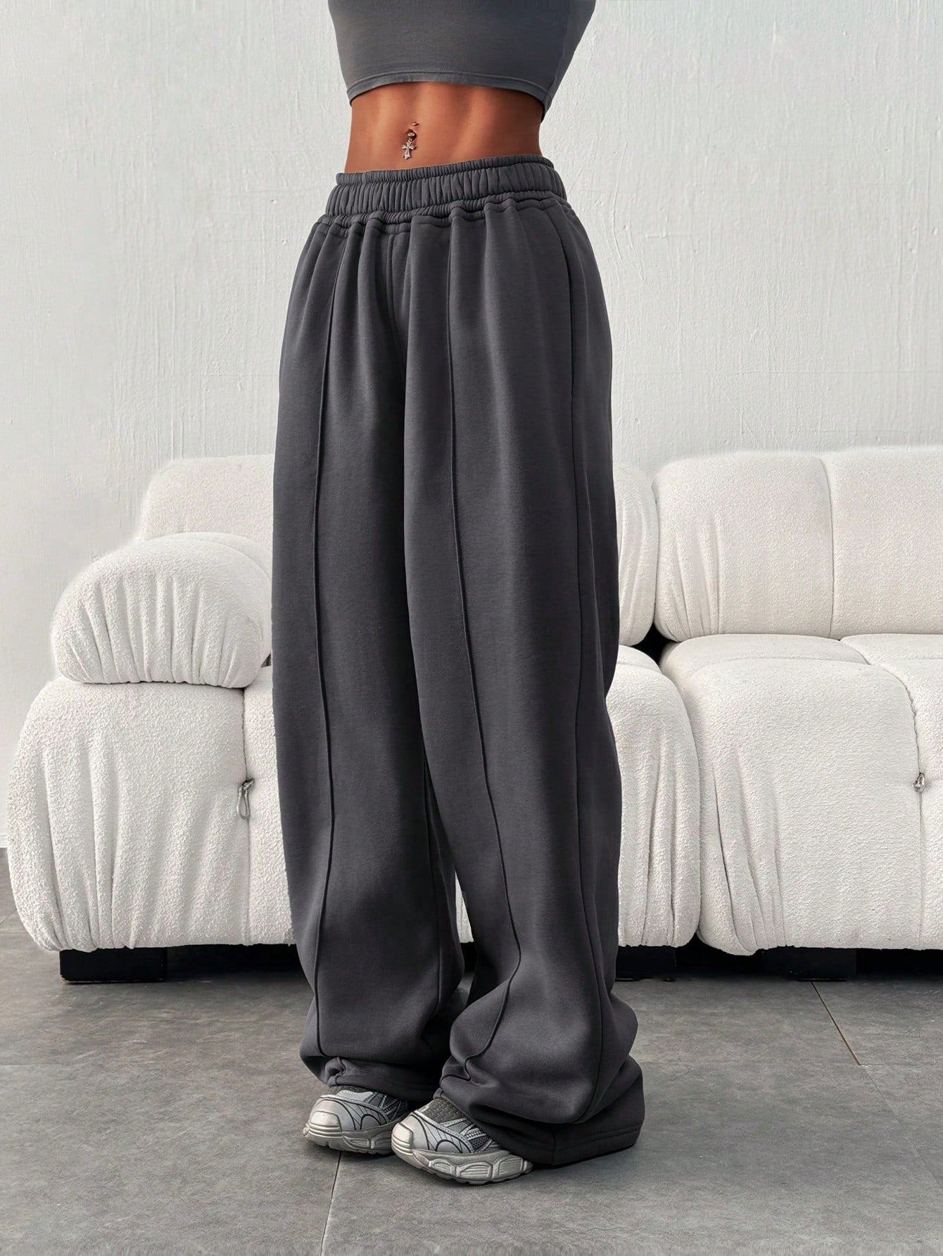 Women Casual Loose Solid Color Elastic Waist Sweatpants With Pockets Winter
