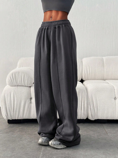 Women Casual Loose Solid Color Elastic Waist Sweatpants With Pockets Winter