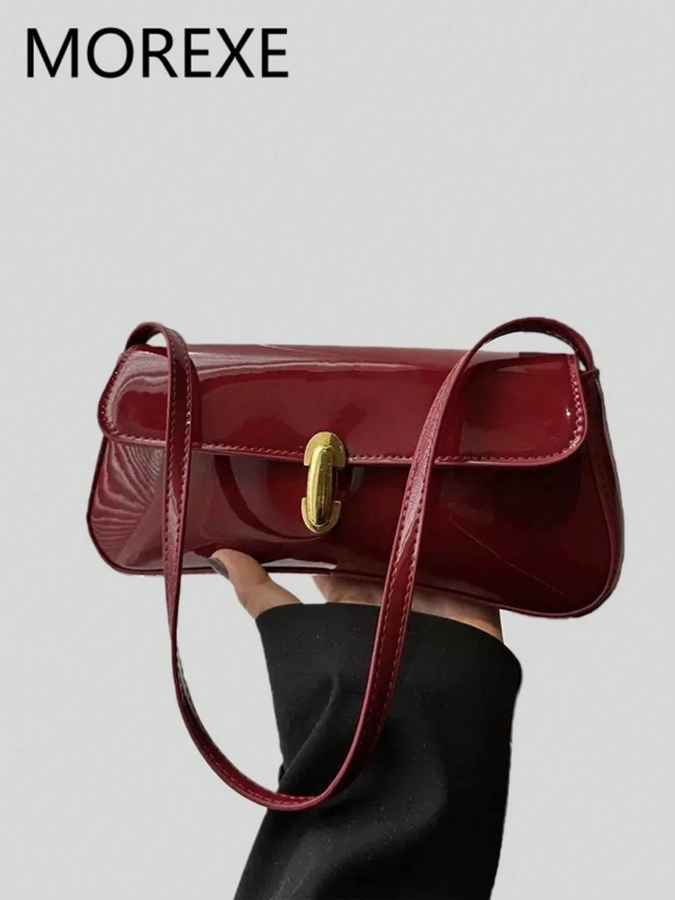 Women Glossy Leather-Look Shoulder Bag, Suitable For Shopping, Dating, Party, New Popular Metal Twist Lock Flap Design Baguette Handbag, Aesthetic