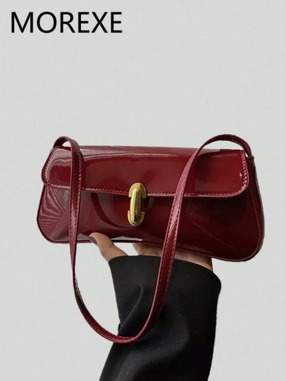 Women Glossy Leather-Look Shoulder Bag, Suitable For Shopping, Dating, Party, New Popular Metal Twist Lock Flap Design Baguette Handbag, Aesthetic
