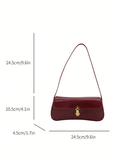 Women Glossy Leather-Look Shoulder Bag, Suitable For Shopping, Dating, Party, New Popular Metal Twist Lock Flap Design Baguette Handbag, Aesthetic