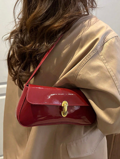 Women Glossy Leather-Look Shoulder Bag, Suitable For Shopping, Dating, Party, New Popular Metal Twist Lock Flap Design Baguette Handbag, Aesthetic