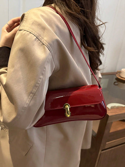 Women Glossy Leather-Look Shoulder Bag, Suitable For Shopping, Dating, Party, New Popular Metal Twist Lock Flap Design Baguette Handbag, Aesthetic