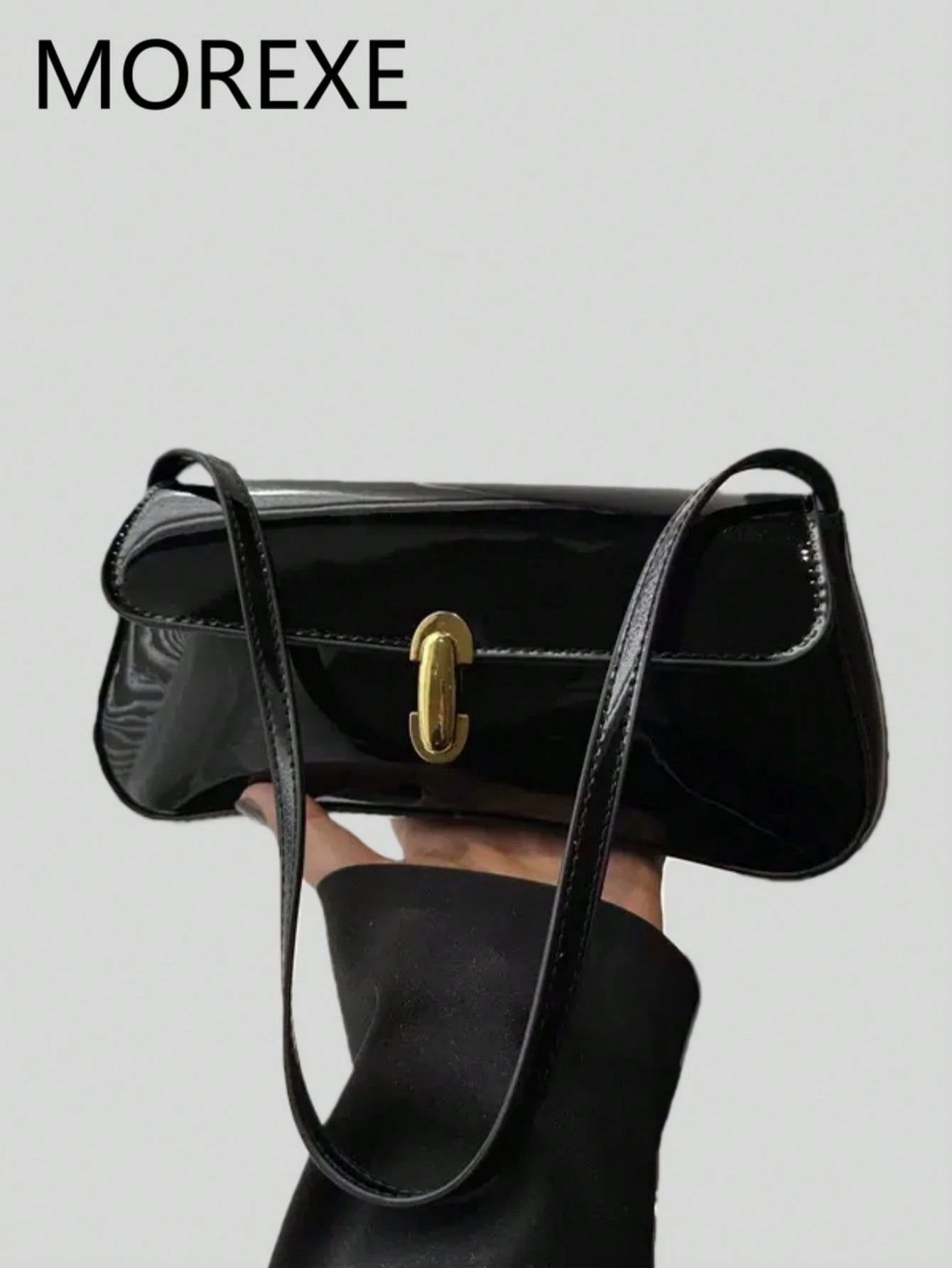 Women Glossy Leather-Look Shoulder Bag, Suitable For Shopping, Dating, Party, New Popular Metal Twist Lock Flap Design Baguette Handbag, Aesthetic