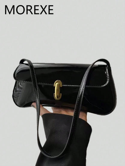 Women Glossy Leather-Look Shoulder Bag, Suitable For Shopping, Dating, Party, New Popular Metal Twist Lock Flap Design Baguette Handbag, Aesthetic