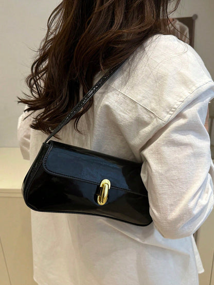 Women Glossy Leather-Look Shoulder Bag, Suitable For Shopping, Dating, Party, New Popular Metal Twist Lock Flap Design Baguette Handbag, Aesthetic