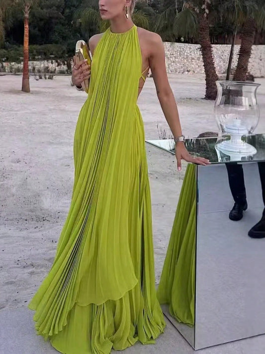 Women Halter Backless Pleated Maxi Gown, Sleeveless Deep Open Back Double Layer Slit Floor Length Formal Evening Party Dress