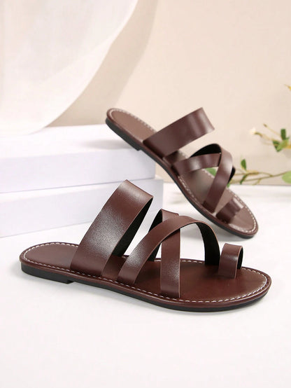 Women Open Toe Asymmetrical Strap Flat Slides, Spring Summer Round Toe Roman Sandals For Indoor Outdoor Vacation